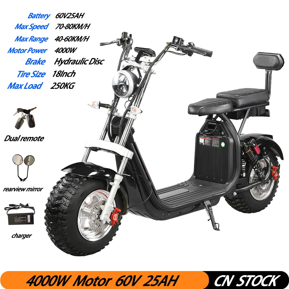 For Adults Citycoco 18 Inch Off-road Fat Tire Max Speed 60-70KM/H 4000 Powerful Motor 2 2heel Detachable Eectric Scooter