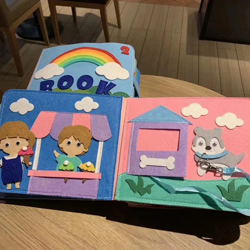 Tablero de trabajo Montessori para niños, libro de tela de arcoíris DIY, juguetes educativos, conocimiento de hábitos, desarrollo de habilidades básicas de cuidado personal