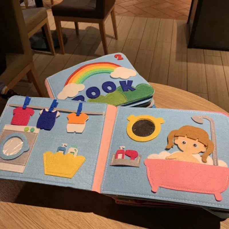 Tablero de trabajo Montessori para niños, libro de tela de arcoíris DIY, juguetes educativos, conocimiento de hábitos, desarrollo de habilidades básicas de cuidado personal