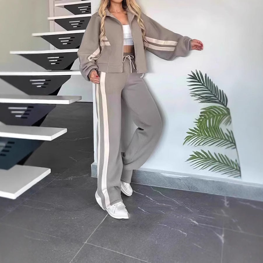 Autumn Striped Zipper Top Casual Sports Suit