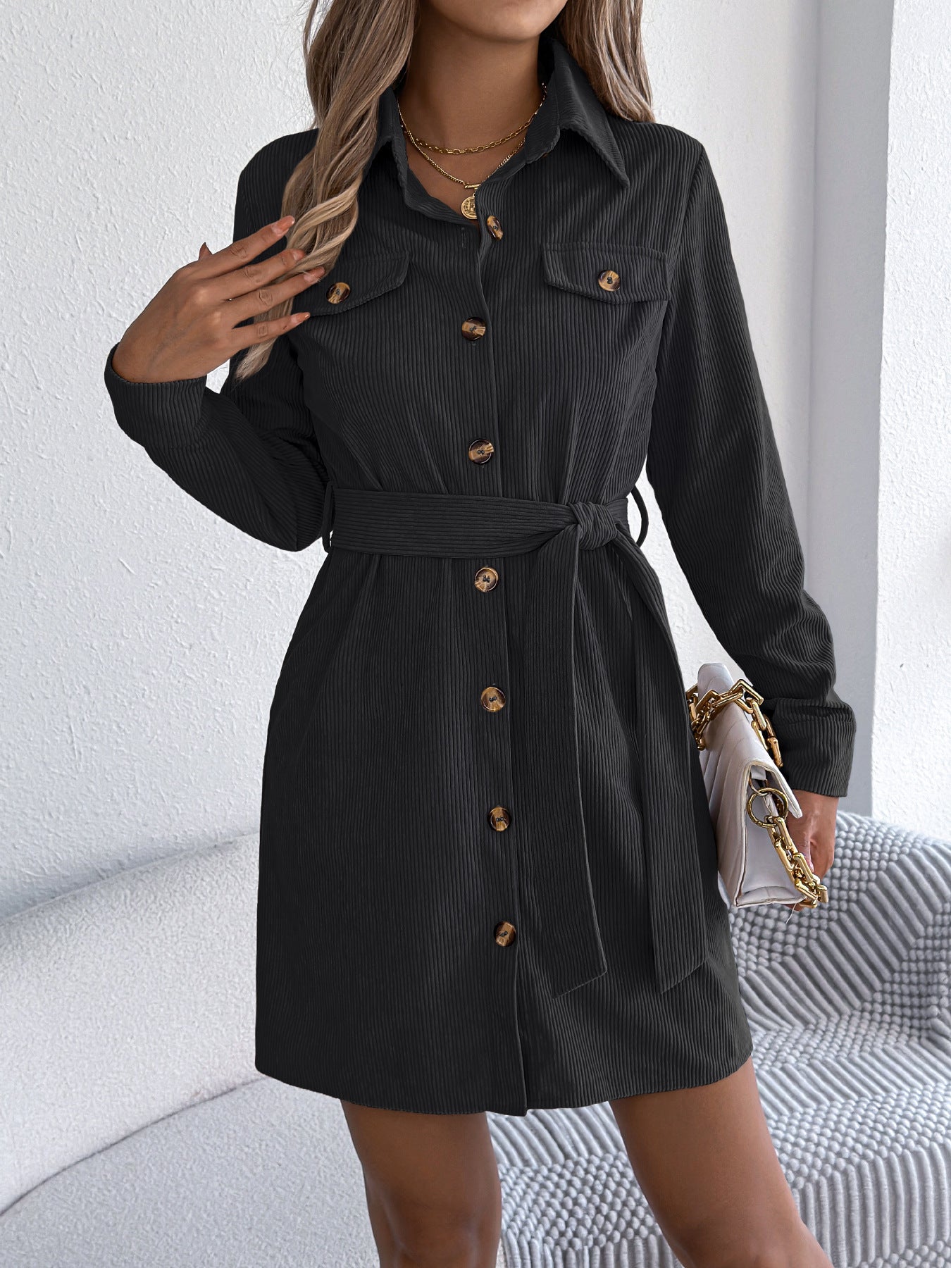 Casual Solid Color Single-breasted Long Sleeve Lace-up Corduroy Shirt Dress
