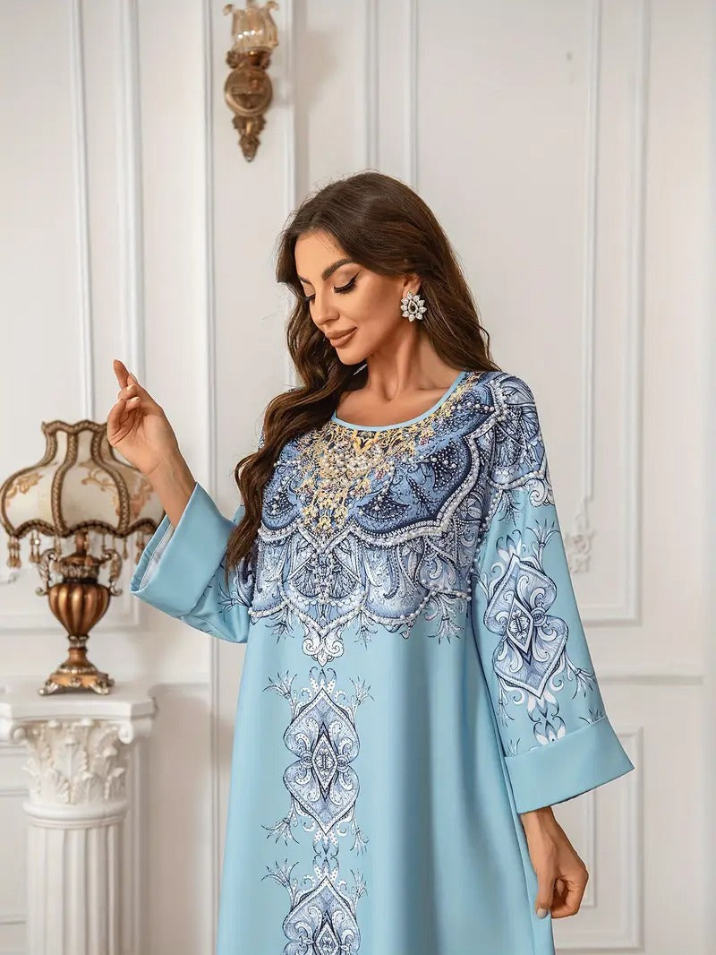 Vestido Abaya extra largo de manga larga con detalle de encaje estampado