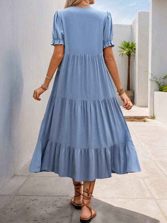 Perfee Decorative Button Notched Short Sleeve Midi Dress - Enfance-Heureuse