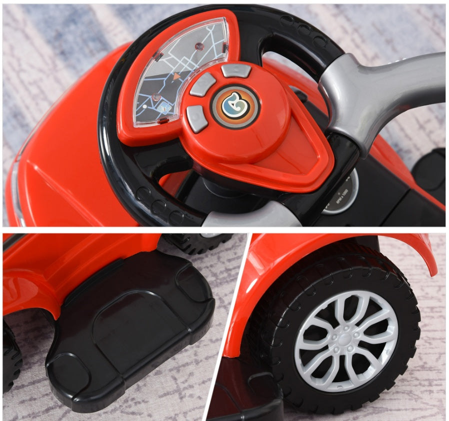 Kids 3 In 1 Push Car Ride-On Stroller Sliding Walking Toy With Horn Music Light Secure Bar For Boys Girls 1-3 Years Old Red