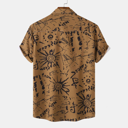 Men's Plus Size Vintage Sun Print Short Sleeve Button-Up Shirt - Enfance-Heureuse
