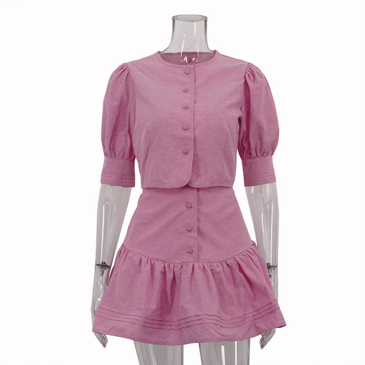 Puff Sleeve Short Top Patchwork A- Line Skirt Two-piece Set