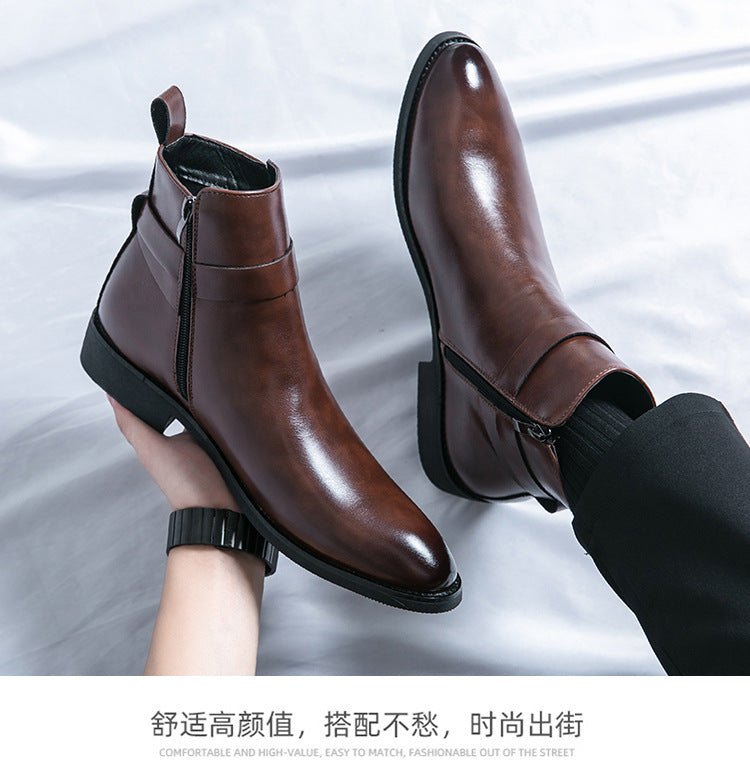 Men's British Style Fashion High-top Leather Shoes Side Zipper Mid-Top Martin Boots