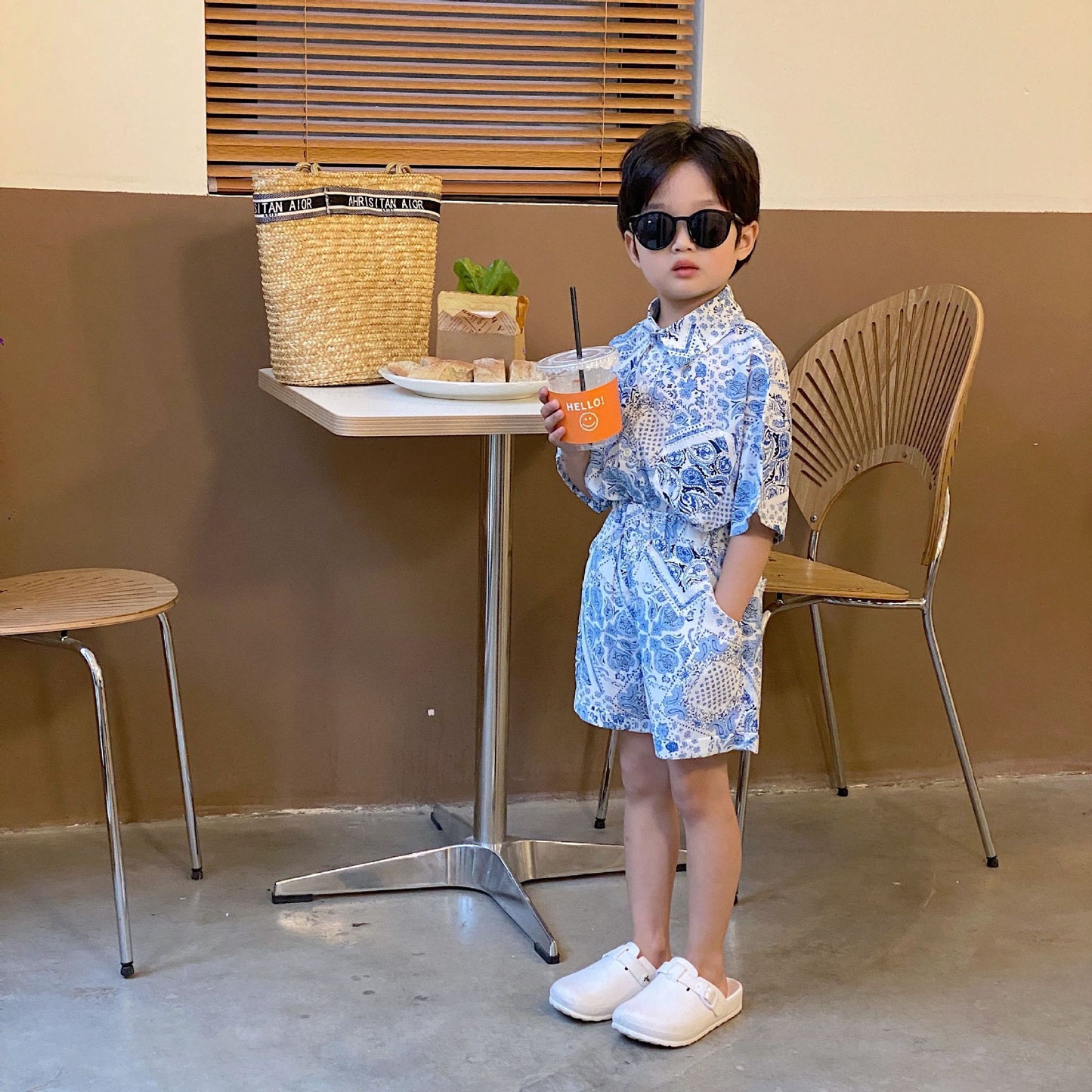Printed Shirt Boys Vacation Style Chiffon Shirt Shorts Suit