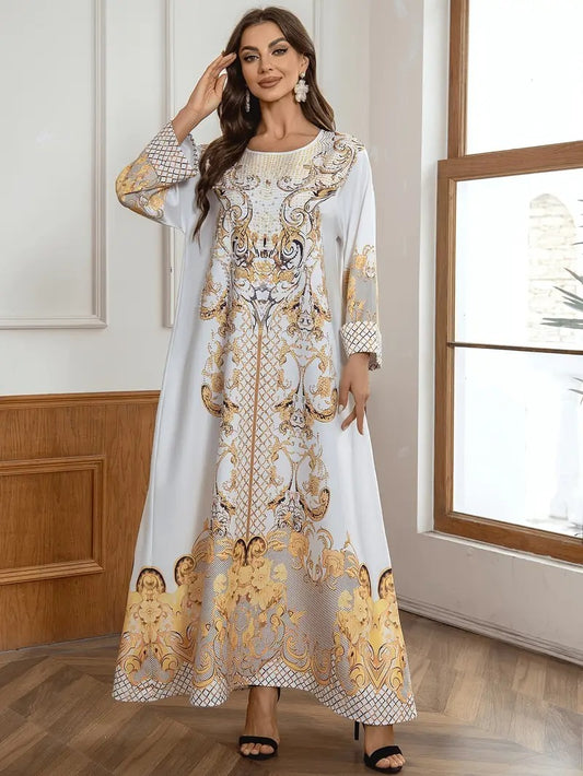 Ladies' Round Neck Rhinestone Decorative Print Long Abayalian Dress - Enfance-Heureuse