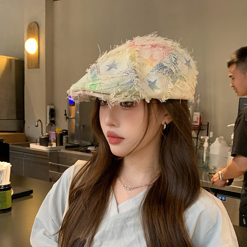 Colorful Plaid Five-pointed Star Advance Hats Women's Korean-style Anti-wear Distressed Edging Beret