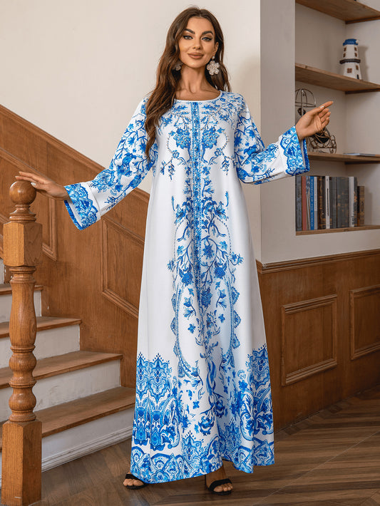 Muslim Robe Diamond Studded Bead Round Neck Dress - Enfance-Heureuse