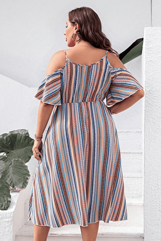 Plus Size Striped Cold-Shoulder Dress - Enfance-Heureuse