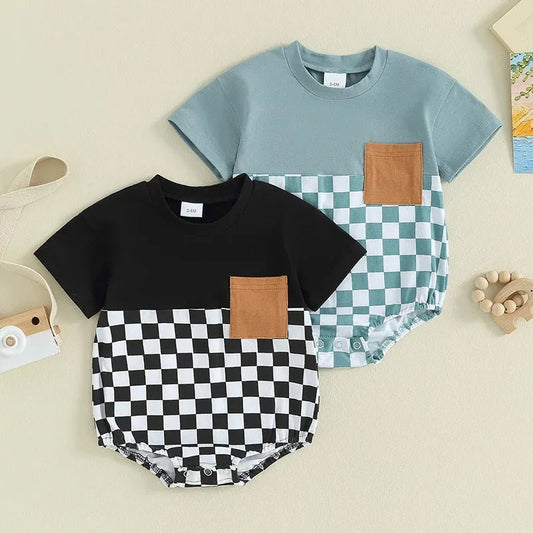 Baby Summer Jumpsuit Waffle Patchwork Pocket Short Sleeve - Enfance-Heureuse