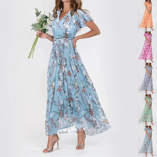 Flowers Print Short Sleeve Dress Summer Fashion Ruffle Beach Dresses Women's Clothing - Enfance-Heureuse