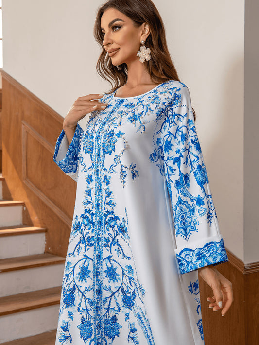 Muslim Robe Diamond Studded Bead Round Neck Dress - Enfance-Heureuse