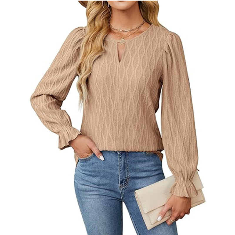 Top de manga larga con cuello redondo de jacquard para mujer
