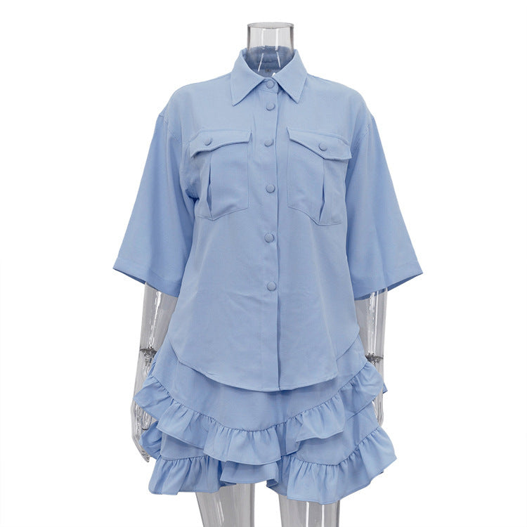 Ruffled Tiered Skirt Lapel Short-sleeved Shirt Two-piece Set