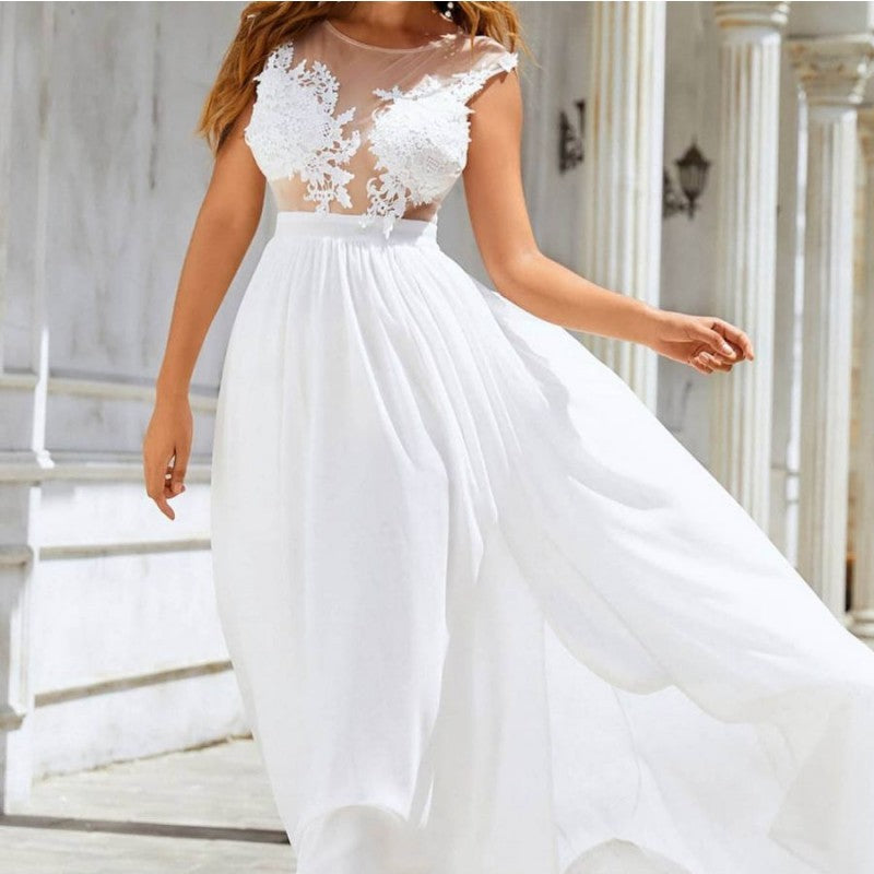 Vestido de novia de gasa con encaje y cola grande