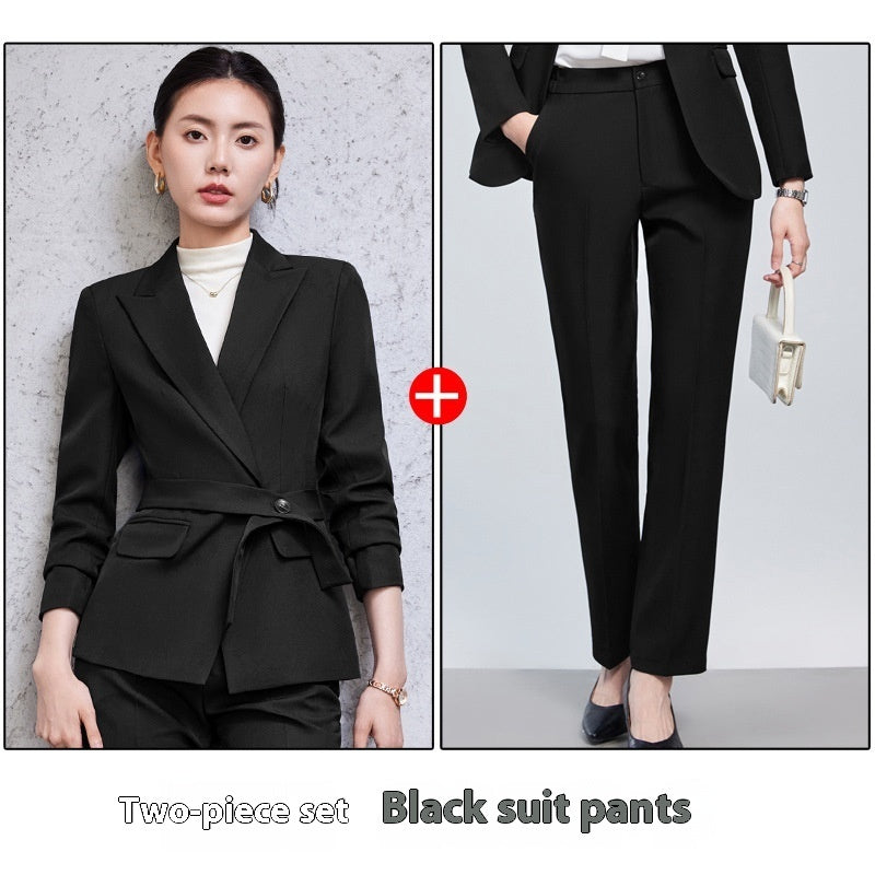 Traje de manga larga con cuello pequeño para mujer, camisa, pantalón y abrigo