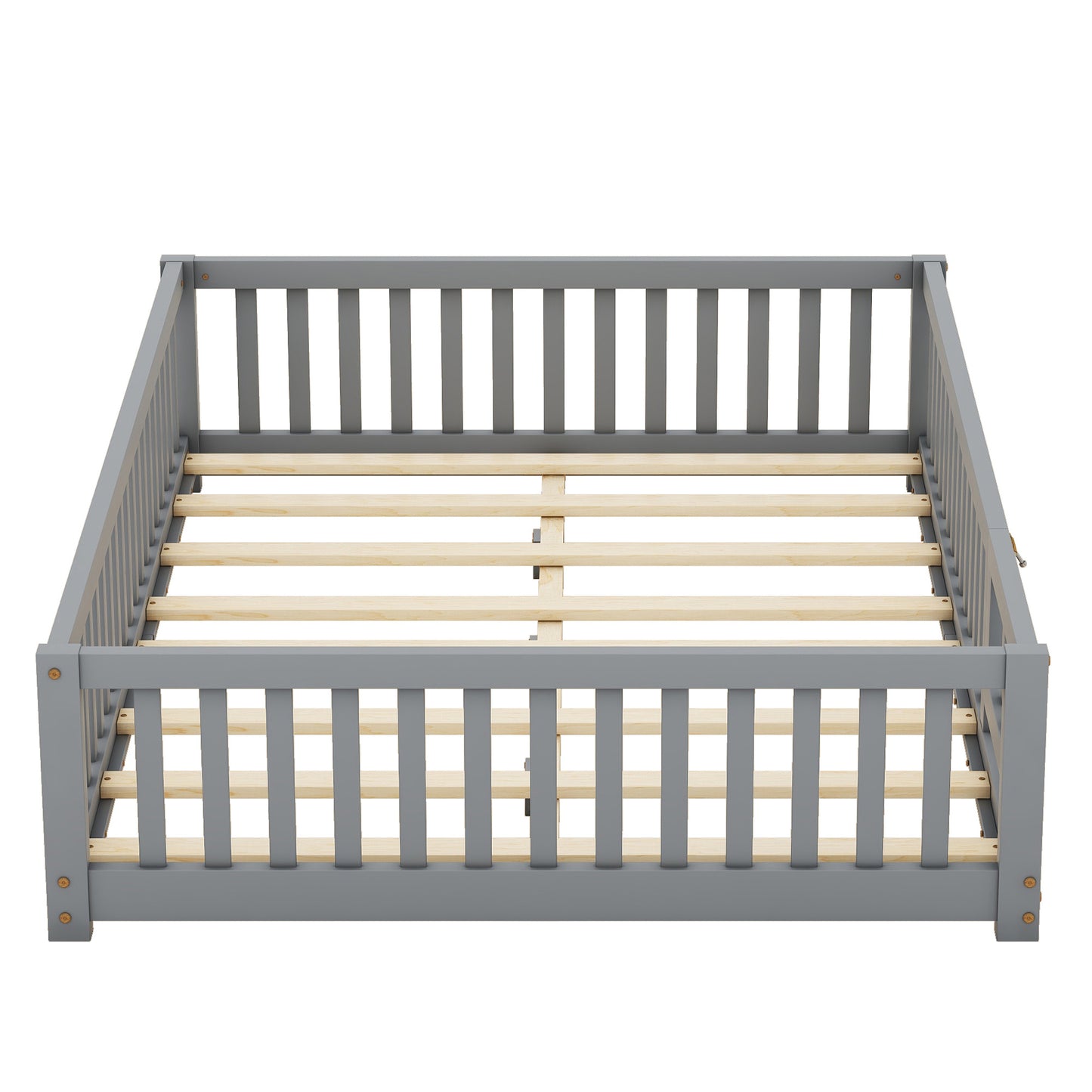 Full Size Bed Floor Bed With Safety Guardrails And Door For Kids, Gray