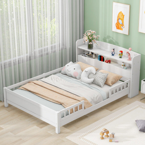 Wood Full Size Platform Bed With Built-in LED Light, Storage Headboard And Guardrail, White - Enfance-Heureuse