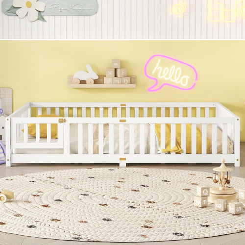 Queen Size Bed Floor Bed With Safety Guardrails And Door For Kids, White