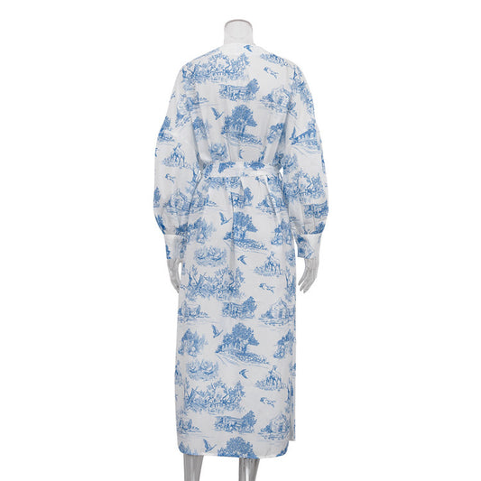 Vintage Ink Print Long Sleeve Cardigan Tied Dress - Enfance-Heureuse