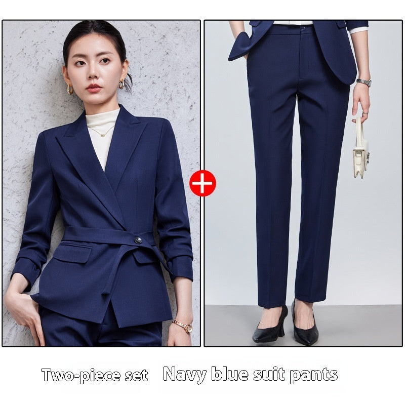 Traje de manga larga con cuello pequeño para mujer, camisa, pantalón y abrigo