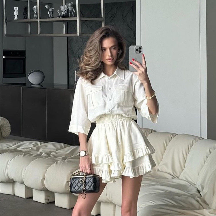 Ruffled Tiered Skirt Lapel Short-sleeved Shirt Two-piece Set