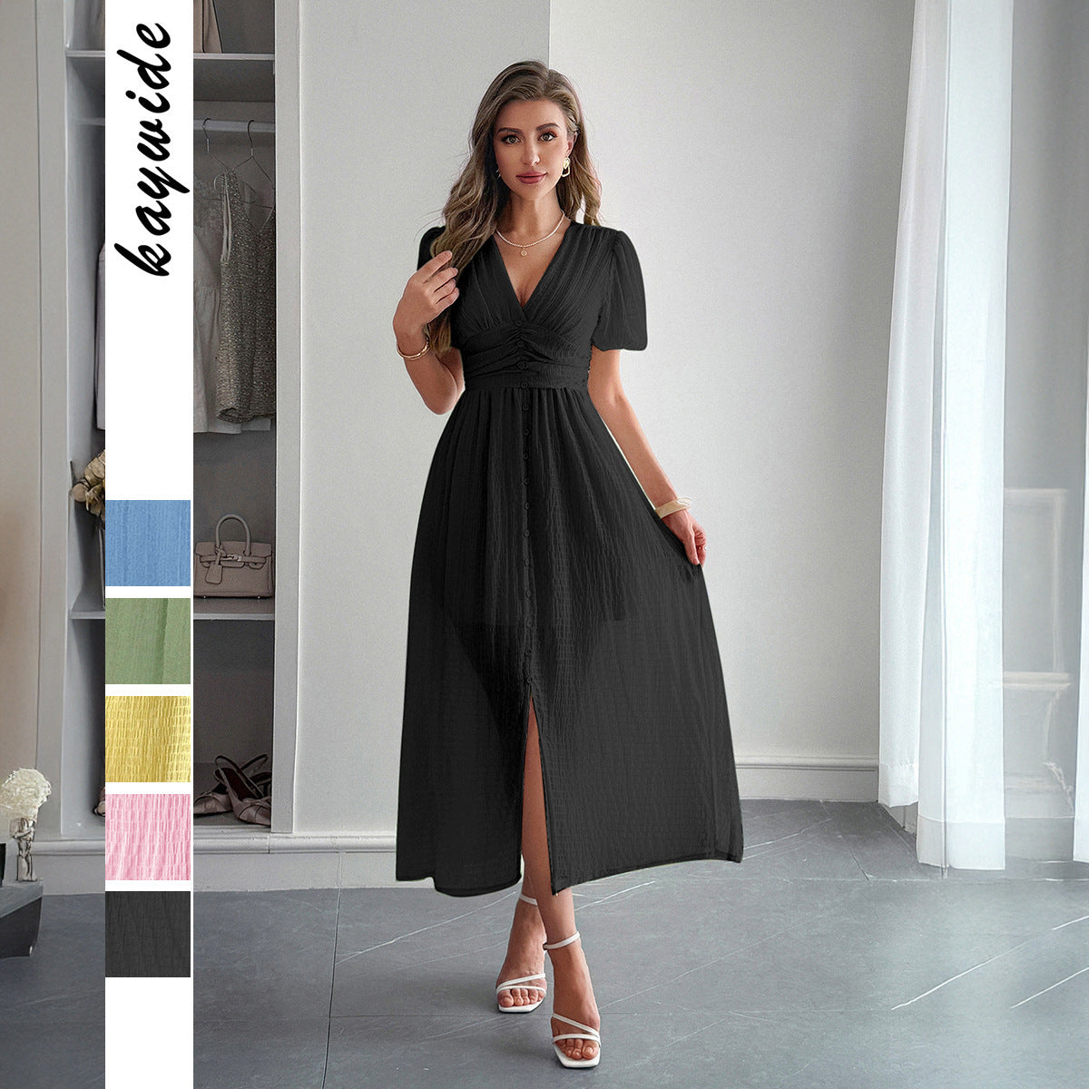 Elegant Vacation Style Deep V Short Sleeve Maxi Dress
