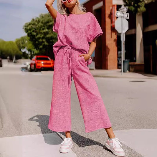 Solid Color Texture Casual Fashion Women's Wear Short-sleeved Trousers Two-piece Set - Enfance-Heureuse