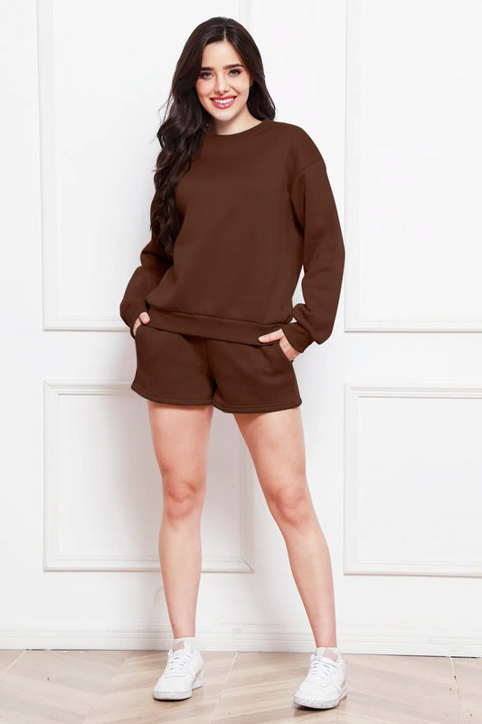 Round Neck Long Sleeve Sweatshirt and Drawstring Shorts Set - Enfance-Heureuse