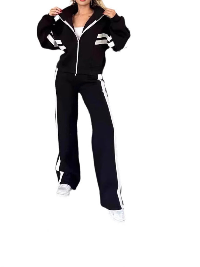 Autumn Striped Zipper Top Casual Sports Suit