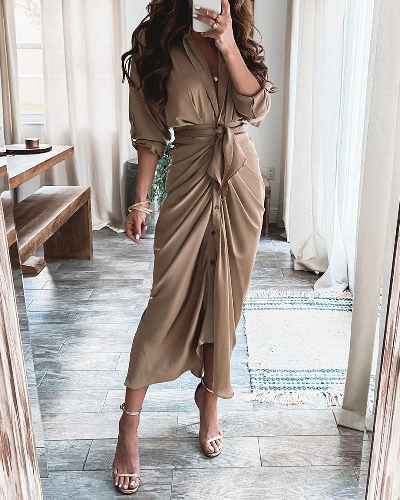Long Sleeve V Neck Button Print Long Dress Women's