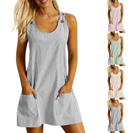 Summer Fashion Striped Patchwork Commuting U-Neck Sleeveless Pockets Back Button Casual Straight Slimming Mini Dress For Women - Enfance-Heureuse