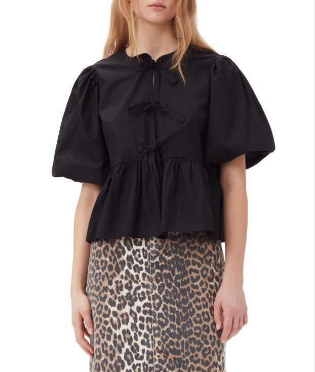 Fashion Printed Shirt Half Sleeve Lace-up Top
