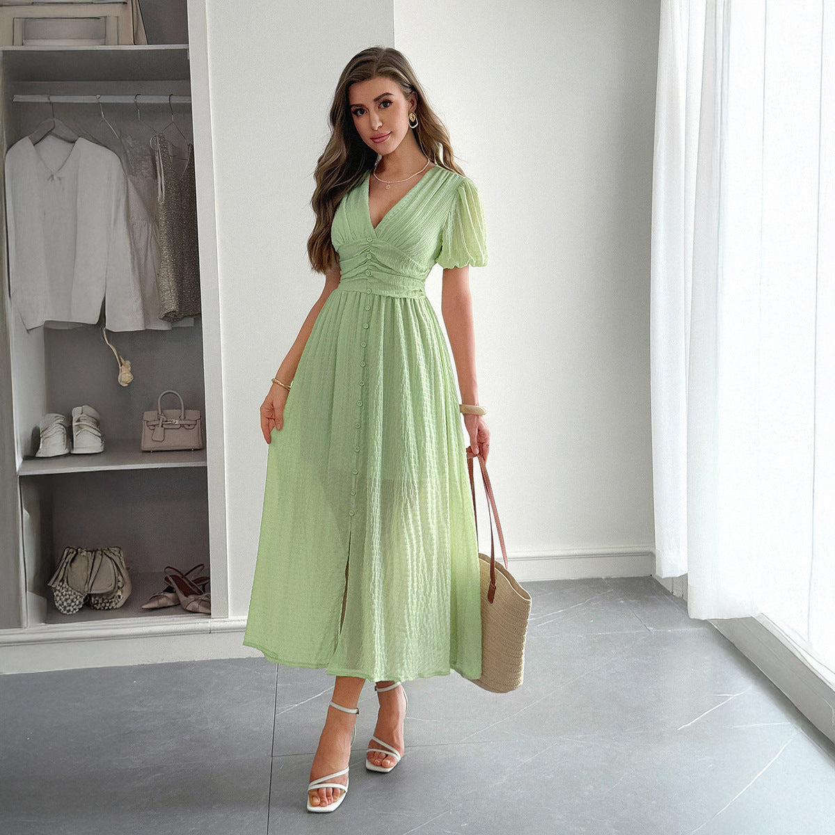 Elegant Vacation Style Deep V Short Sleeve Maxi Dress