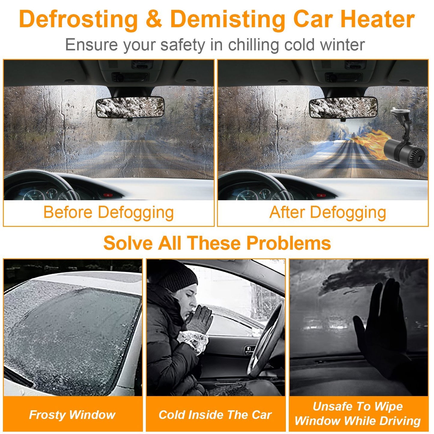 1Pc 12V 150W Portable Car Heater 2 In 1 Heating Cooling Fan Rotatable Demister Defroster With 4.92ft Cord