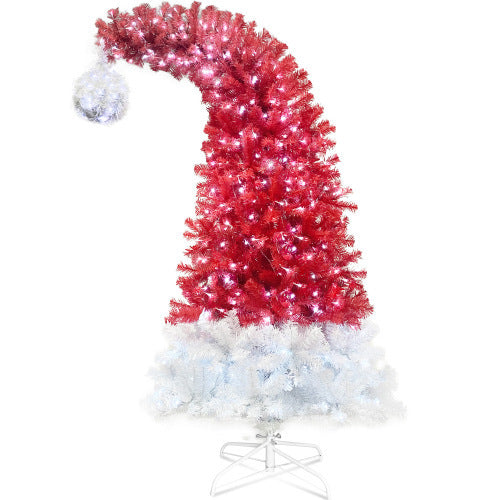 6FT Hinged Fir Artificial Fir Bent Top Christmas Tree, Xmas Tree Bendable Santa Hat Style Christmas Tree Holiday Decoration,1250 Branch Tips, 300 LED Lights X-mas