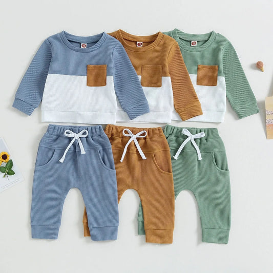 Color Matching Pocket Waffle Sweater Lace-up Sweatpants 2-Piece Children's Fashion Casual Wear Baby Suit - Enfance-Heureuse