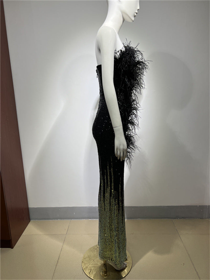 Ostrich Feather Gradient Sequin Tube Top Jumpsuit - Enfance-Heureuse