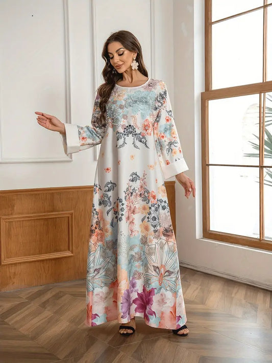 Elegant Floral Print Long Kaftan Dress - Enfance-Heureuse