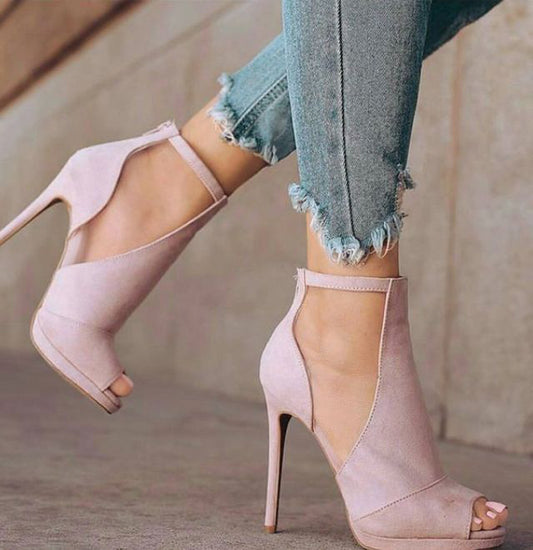 Peep Toe Stiletto Heel Side Empty Back Zipper Plus Size Women's Sandals - Enfance-Heureuse