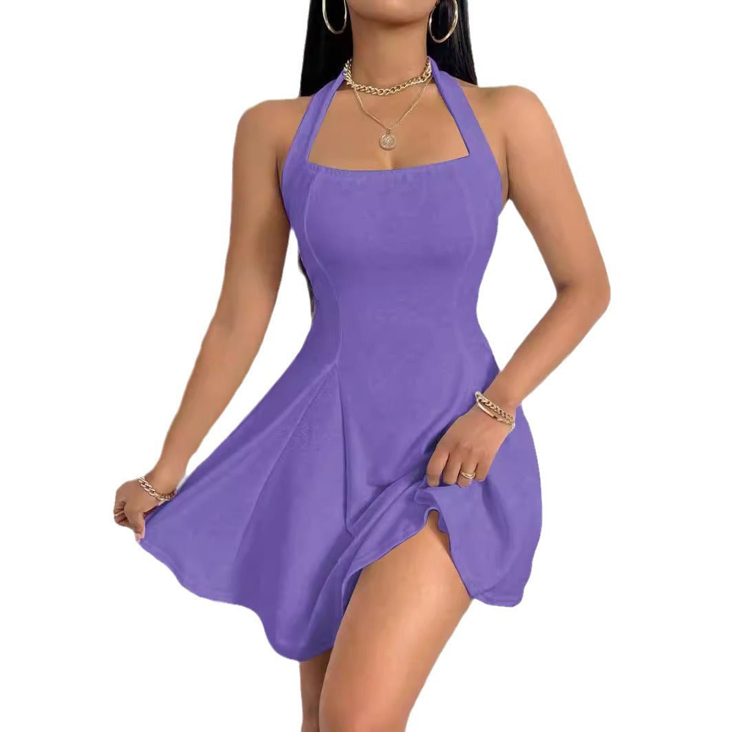 Pure Color Halter Backless Sleeveless Dress