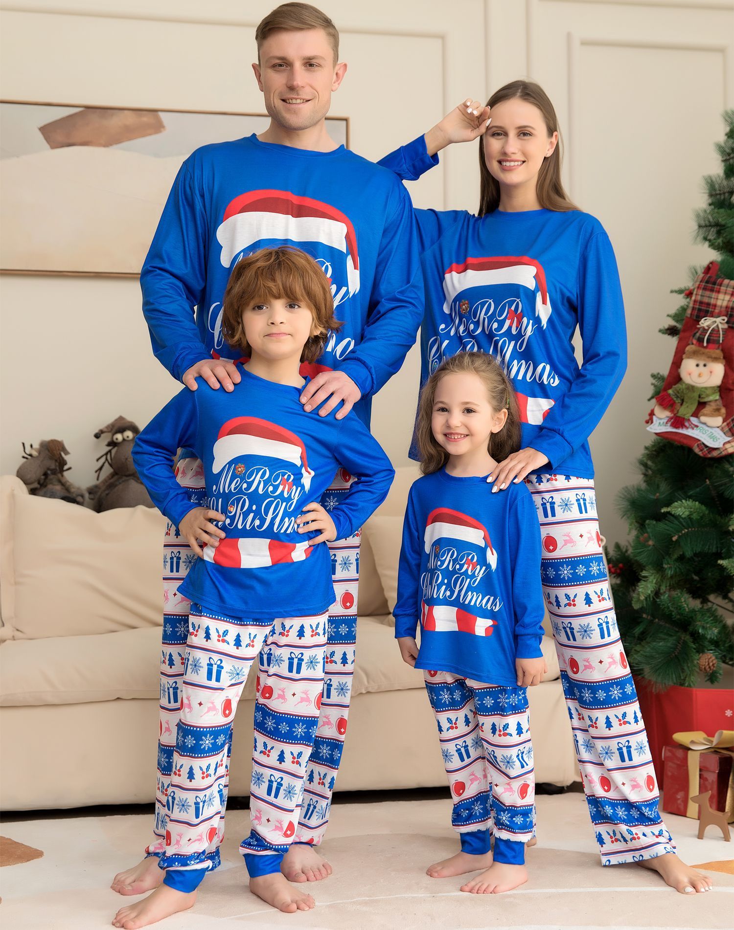 Matching Family Pajamas Sets Christmas PJ's Letter Print Top And Plaid Pants Jammies Sleepwear - Enfance-Heureuse
