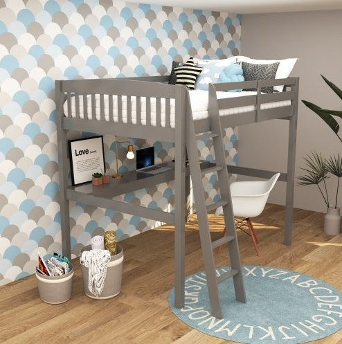 Everest Grey High Loft Bed With Desk And Storage, Heavy Duty Solid Wood Full Size Loft Bed Frame With Stairs For Kids And Toddlers, No Box Spring Needed