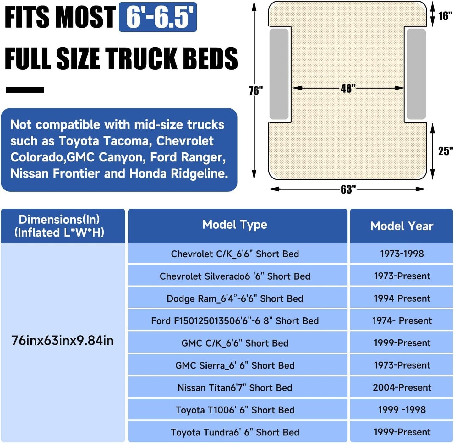 Truck Bed Air Mattress For 6.0-6.5ft Full-size Short Beds, Easily Inflates And Deflates With Built-In Rechargeable Air Pump Camping Bed Outdoor Mattress