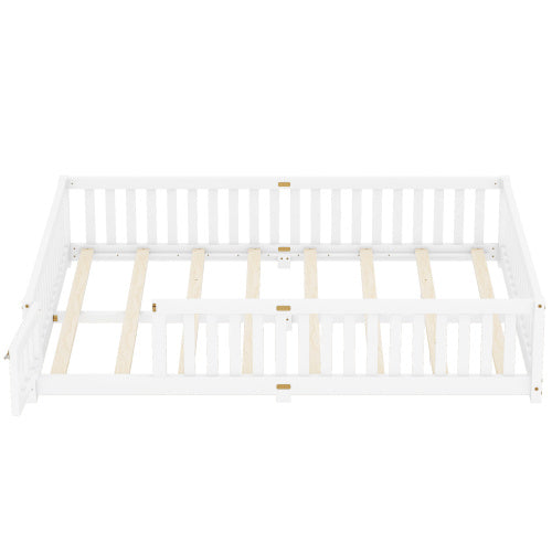 Queen Size Bed Floor Bed With Safety Guardrails And Door For Kids, White
