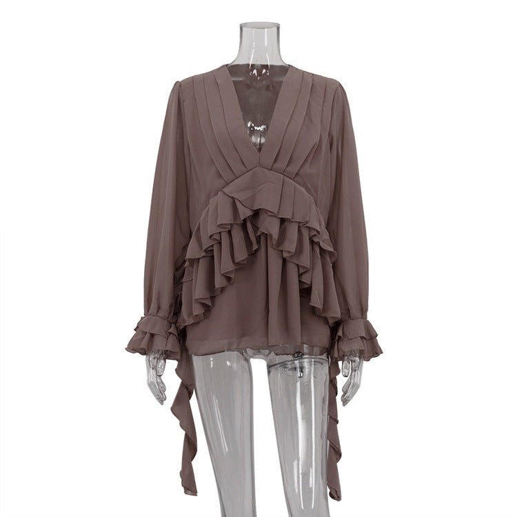 Chiffon V-neck Long Sleeve Shirt