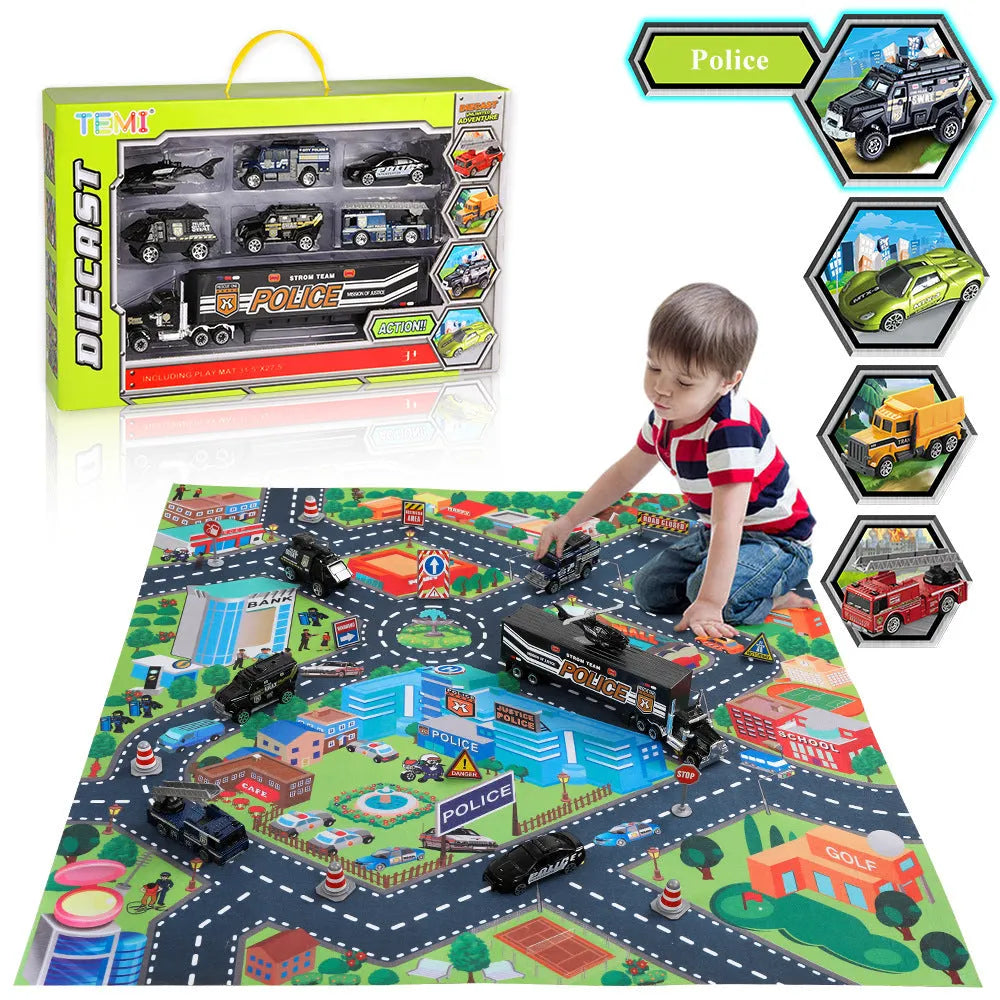Mini juguete de carreras, alfombra de juego de escena de estacionamiento de coches de ingeniería de aleaciones